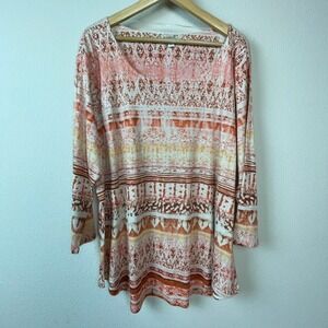One World Tunic Top Womens 3X Orange Tribal Geometric Rhinestone Boho Excellent